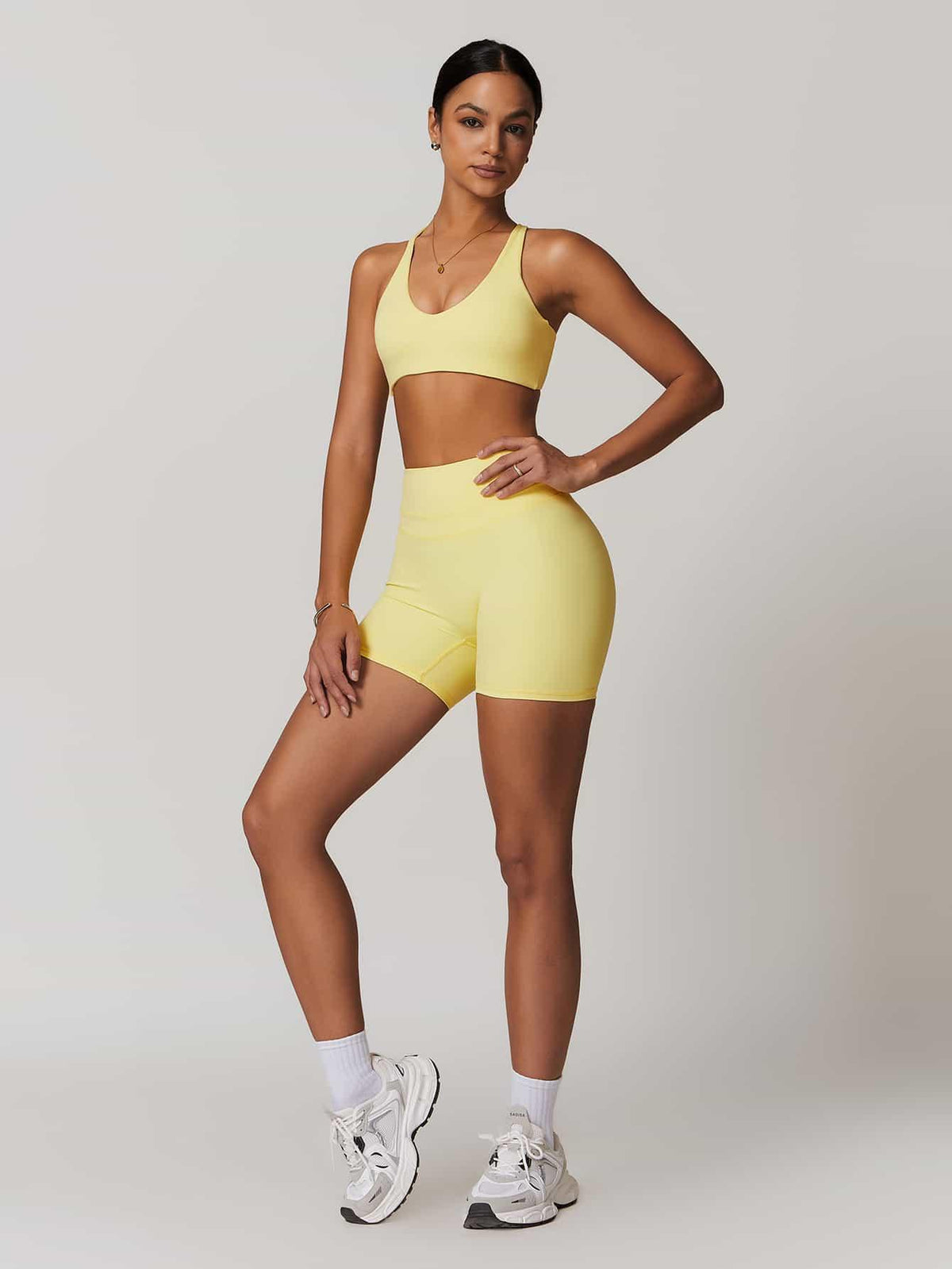 Maskert Criss-Cross Back Tank & Sculpted Leggings Set Pastel Yellow Model Front Full Body
