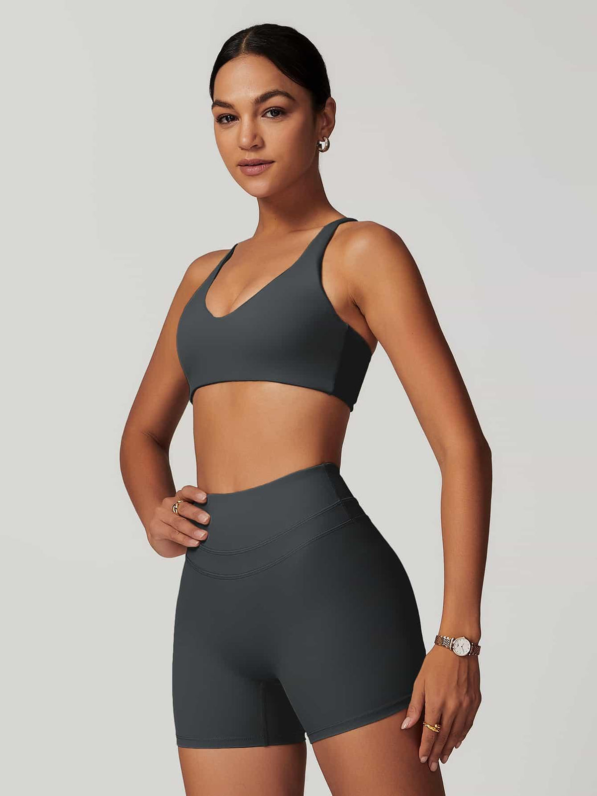 Maskert Criss-Cross Back Tank & Sculpted Leggings Set Volcanic Grey model Side