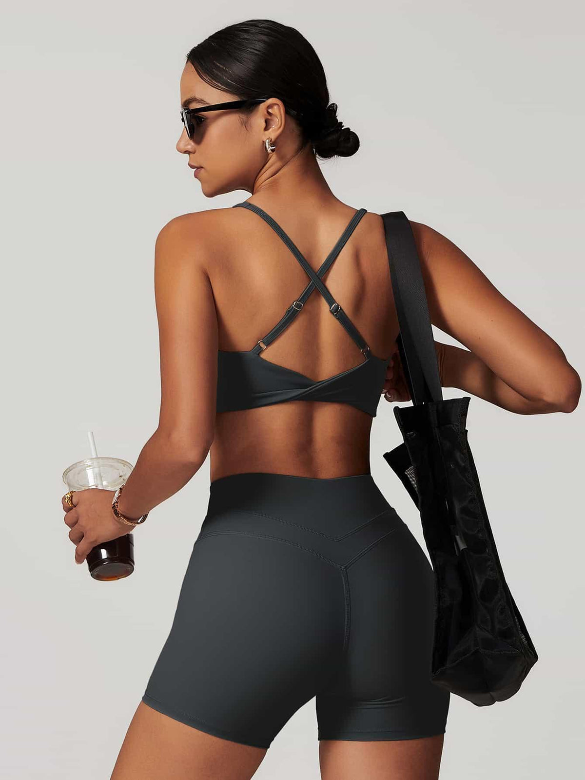 Maskert Criss-Cross Back Tank & Sculpted Leggings Set Volcanic Grey model back