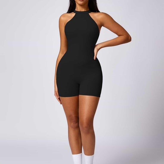Maskert Curve-Defining Halter Sports Jumpsuit 4'' Black Full Body