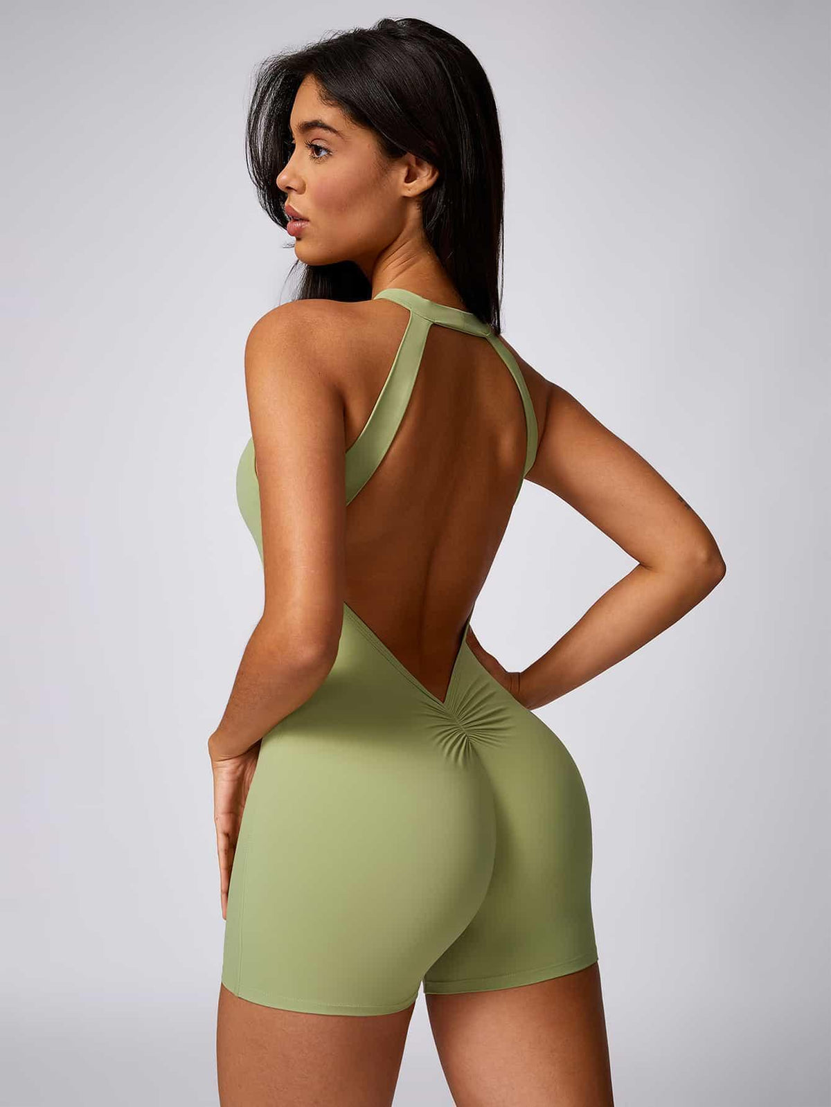 Maskert Curve-Defining Halter Sports Jumpsuit 4'' Lime Sage Back