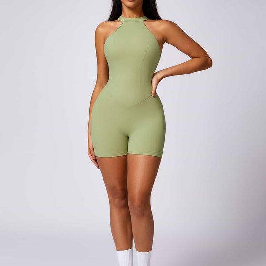 Maskert Curve-Defining Halter Sports Jumpsuit 4'' Lime Sage Full Body Front