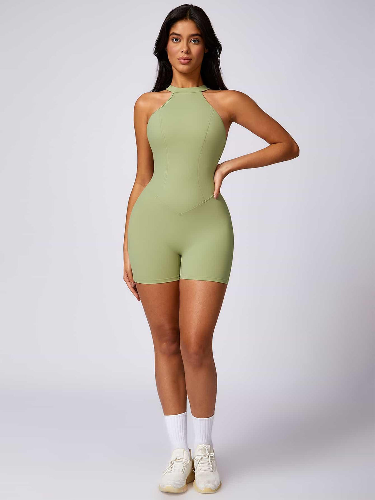 Maskert Curve-Defining Halter Sports Jumpsuit 4'' Lime Sage Full Body Front