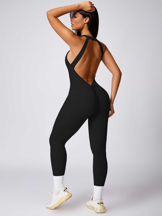 Maskert Curve-Defining Halter Sports Jumpsuit Pants Black Back