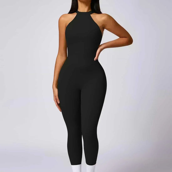 Maskert Curve-Defining Halter Sports Jumpsuit Pants Black Front
