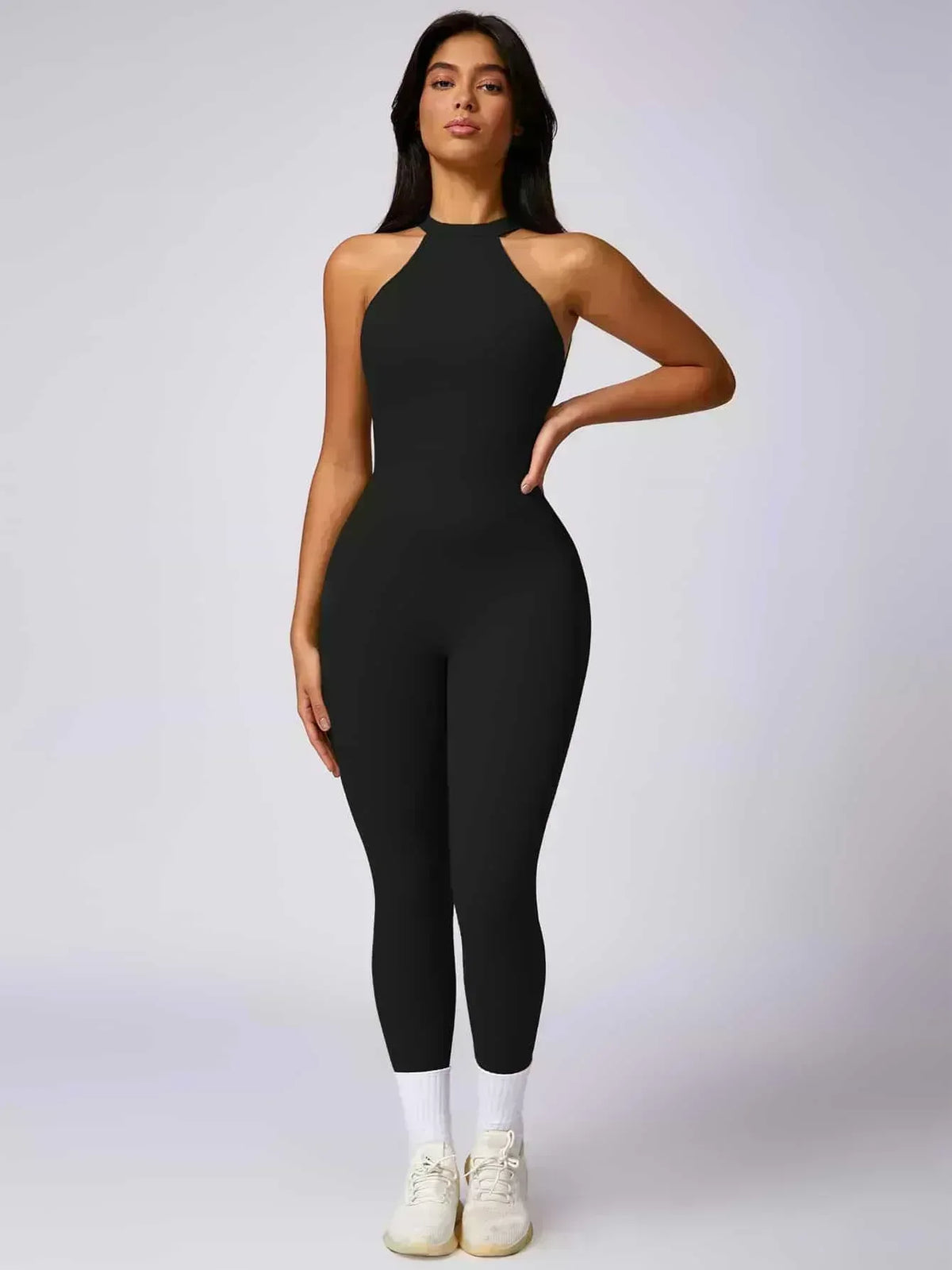 Maskert Curve-Defining Halter Sports Jumpsuit Pants Black Front