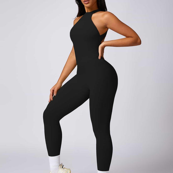 Maskert Curve-Defining Halter Sports Jumpsuit Pants Black Front Left