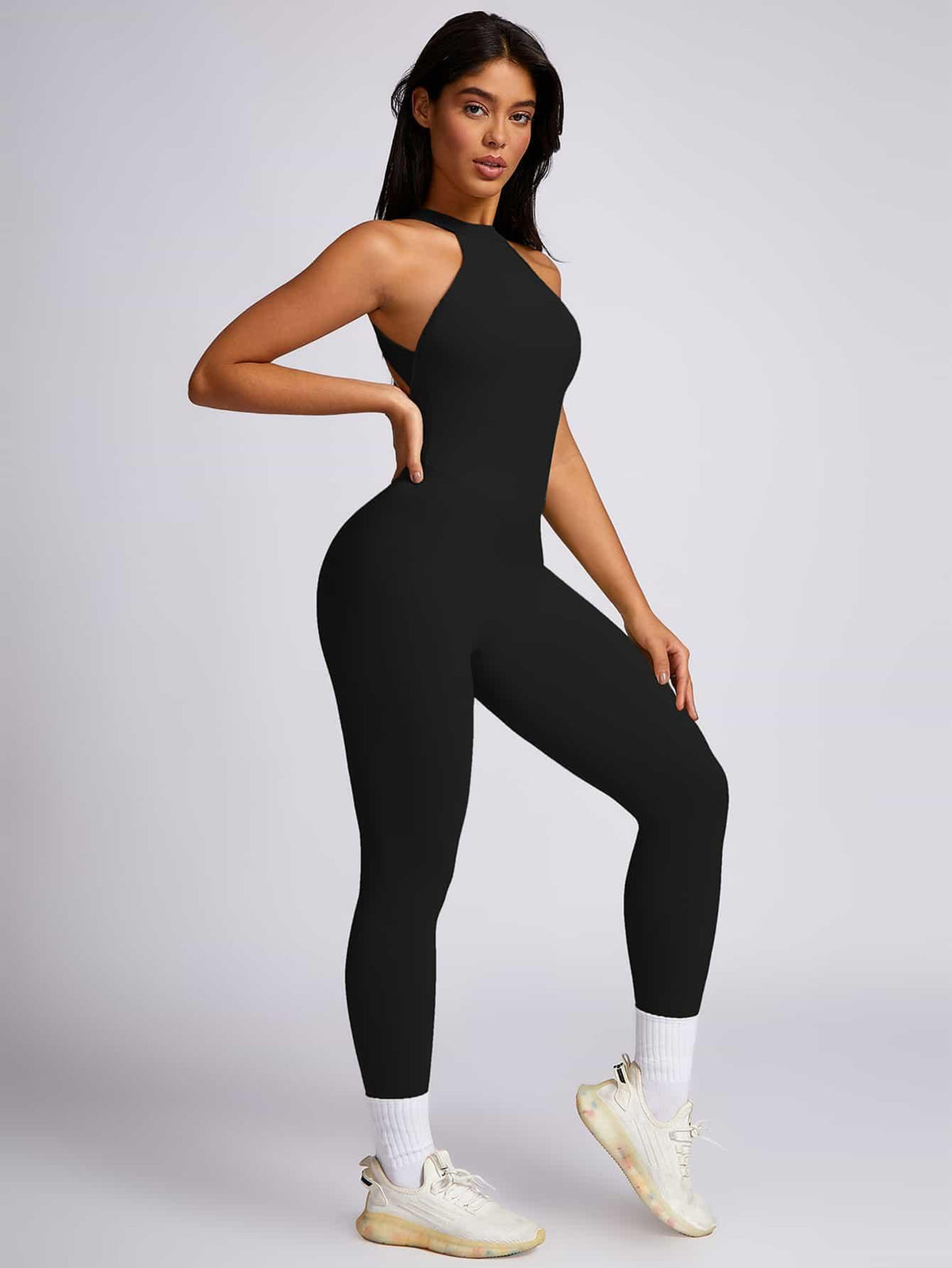 Maskert Curve-Defining Halter Sports Jumpsuit Pants Black Right Front