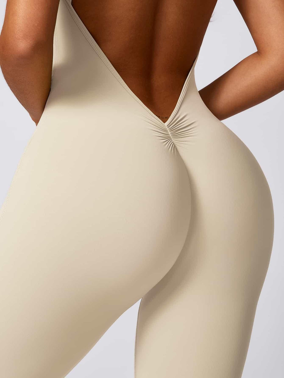 Maskert Curve-Defining Halter Sports Jumpsuit Pants Creamy White Back Thighs Detail