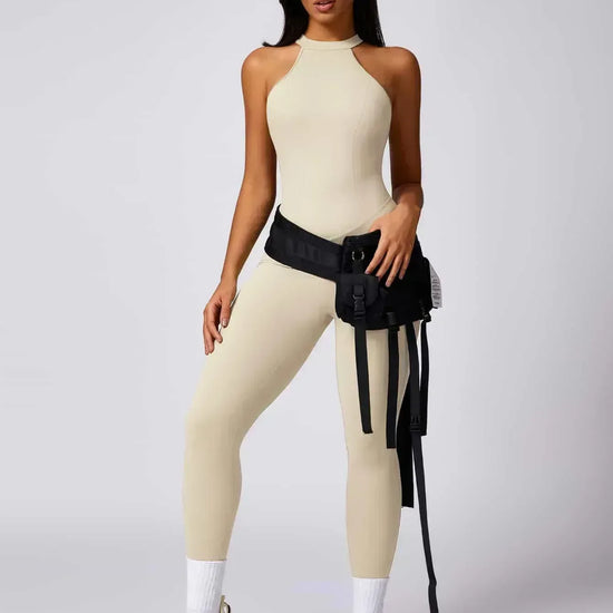 Maskert Curve-Defining Halter Sports Jumpsuit Pants Creamy White Front Full Body Pose