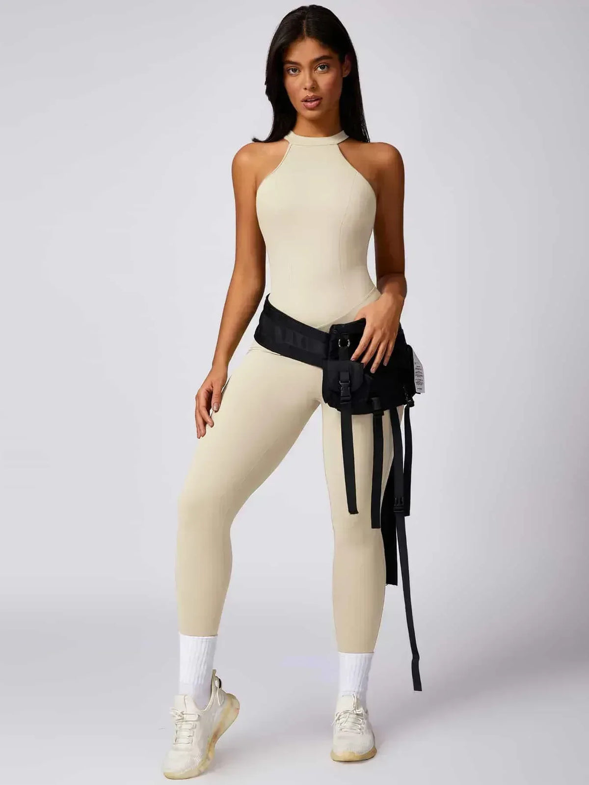 Maskert Curve-Defining Halter Sports Jumpsuit Pants Creamy White Front Full Body Pose