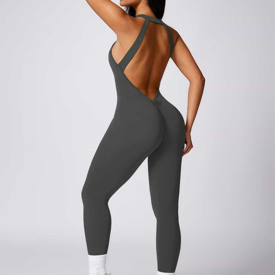 Maskert Curve-Defining Halter Sports Jumpsuit Pants Lead Grey Back