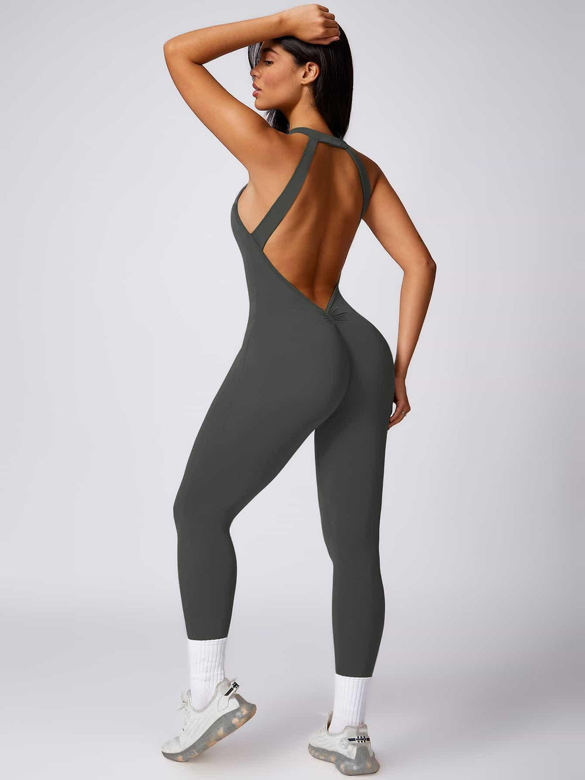 Maskert Curve-Defining Halter Sports Jumpsuit Pants Lead Grey Back