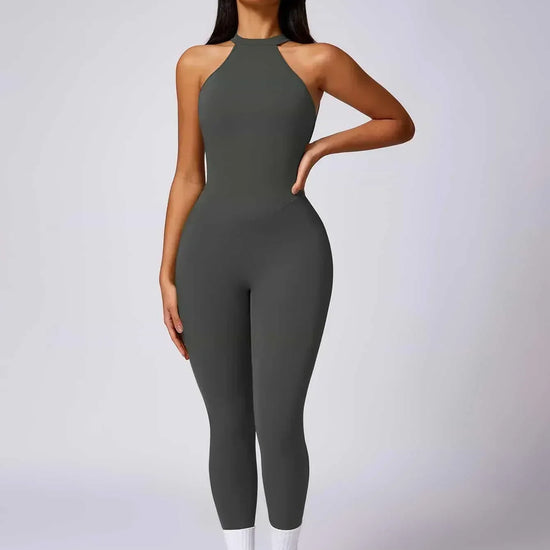 Maskert Curve-Defining Halter Sports Jumpsuit Pants Lead Grey Front