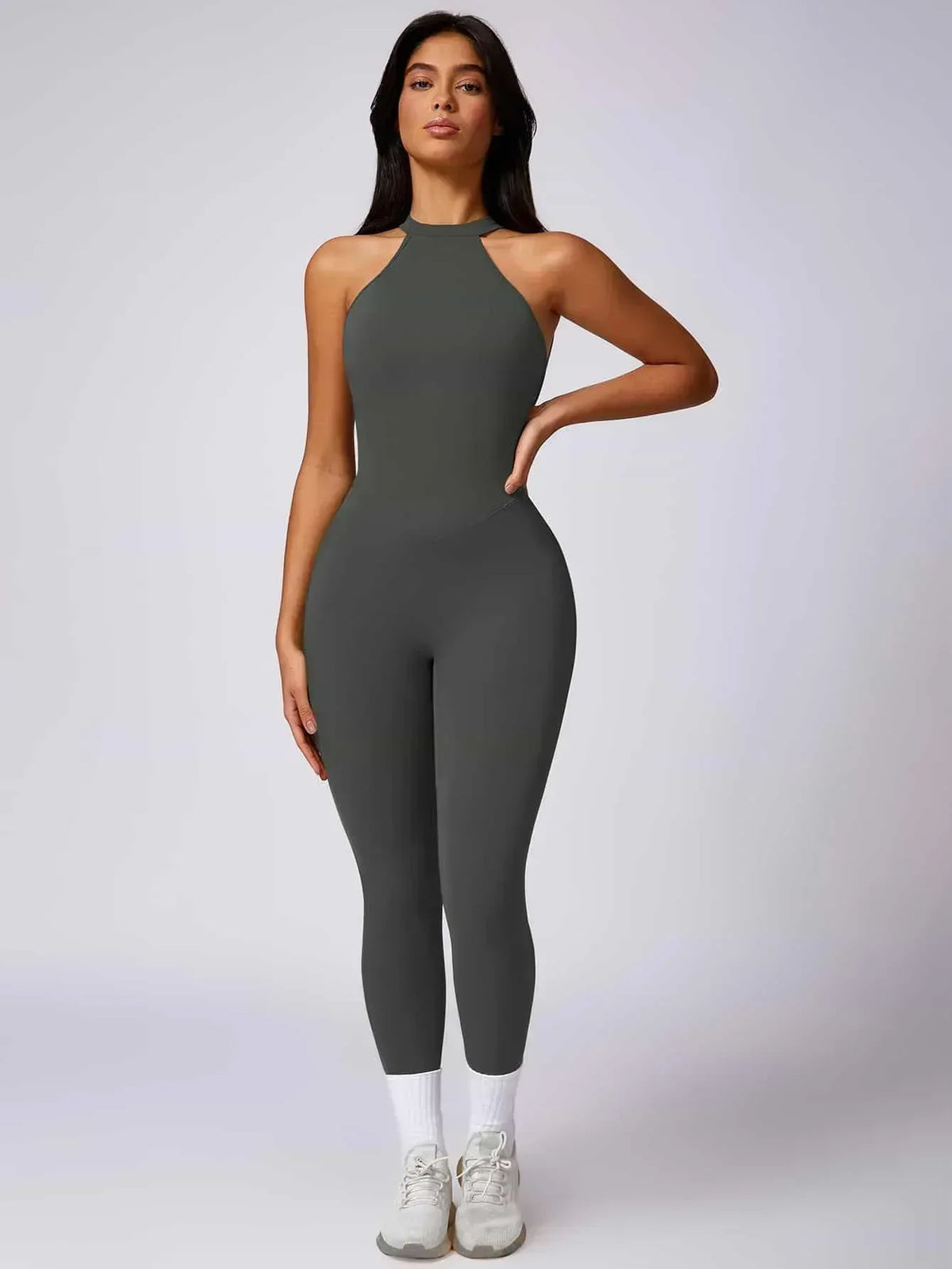 Maskert Curve-Defining Halter Sports Jumpsuit Pants Lead Grey Front