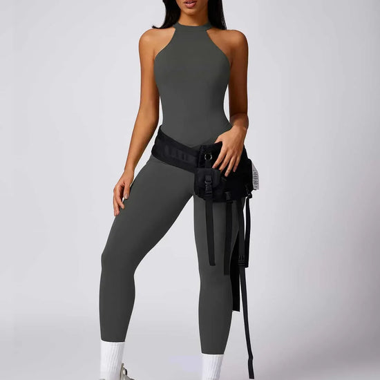 Maskert Curve-Defining Halter Sports Jumpsuit Pants Lead Grey Front Full Body Pose
