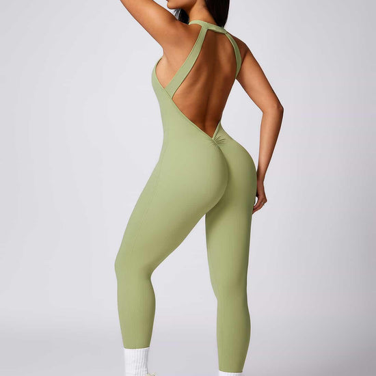 Maskert Curve-Defining Halter Sports Jumpsuit Pants Lime Sage Back