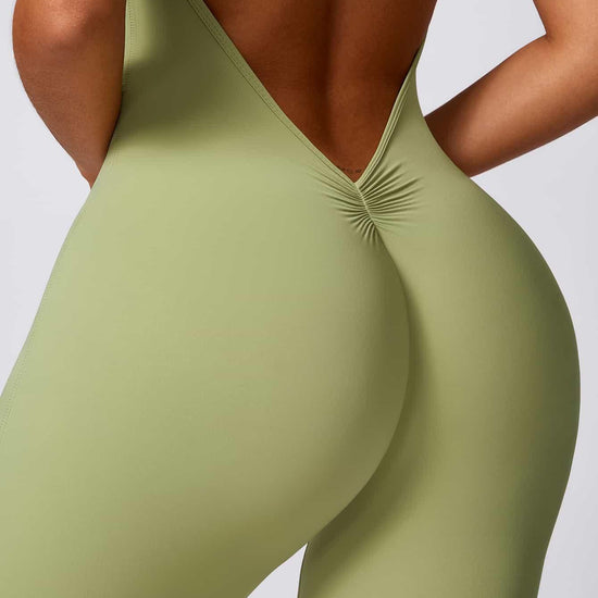 Maskert Curve-Defining Halter Sports Jumpsuit Pants Lime Sage Back Thighs Detail