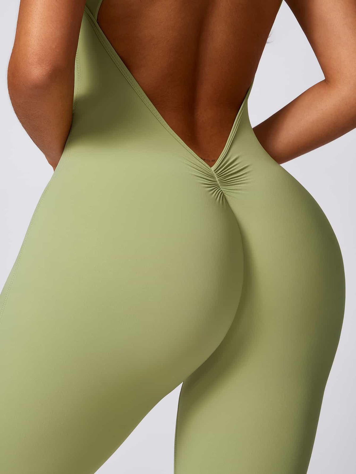 Maskert Curve-Defining Halter Sports Jumpsuit Pants Lime Sage Back Thighs Detail