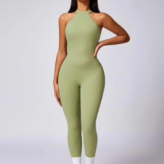 Maskert Curve-Defining Halter Sports Jumpsuit Pants Lime Sage Front