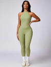 Maskert Curve-Defining Halter Sports Jumpsuit Pants Lime Sage Front