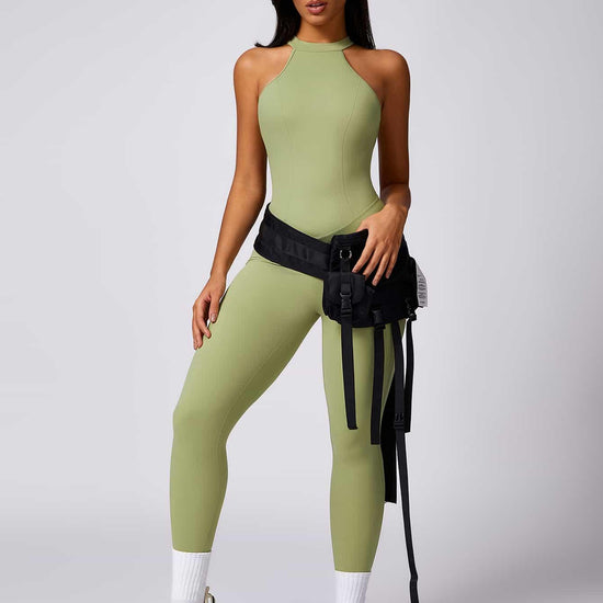 Maskert Curve-Defining Halter Sports Jumpsuit Pants Lime Sage Full Body Pose