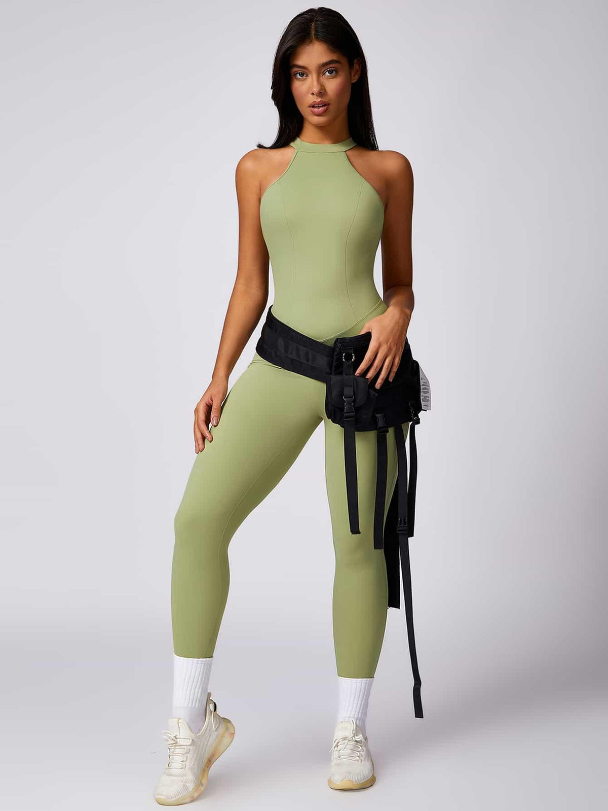 Maskert Curve-Defining Halter Sports Jumpsuit Pants Lime Sage Full Body Pose