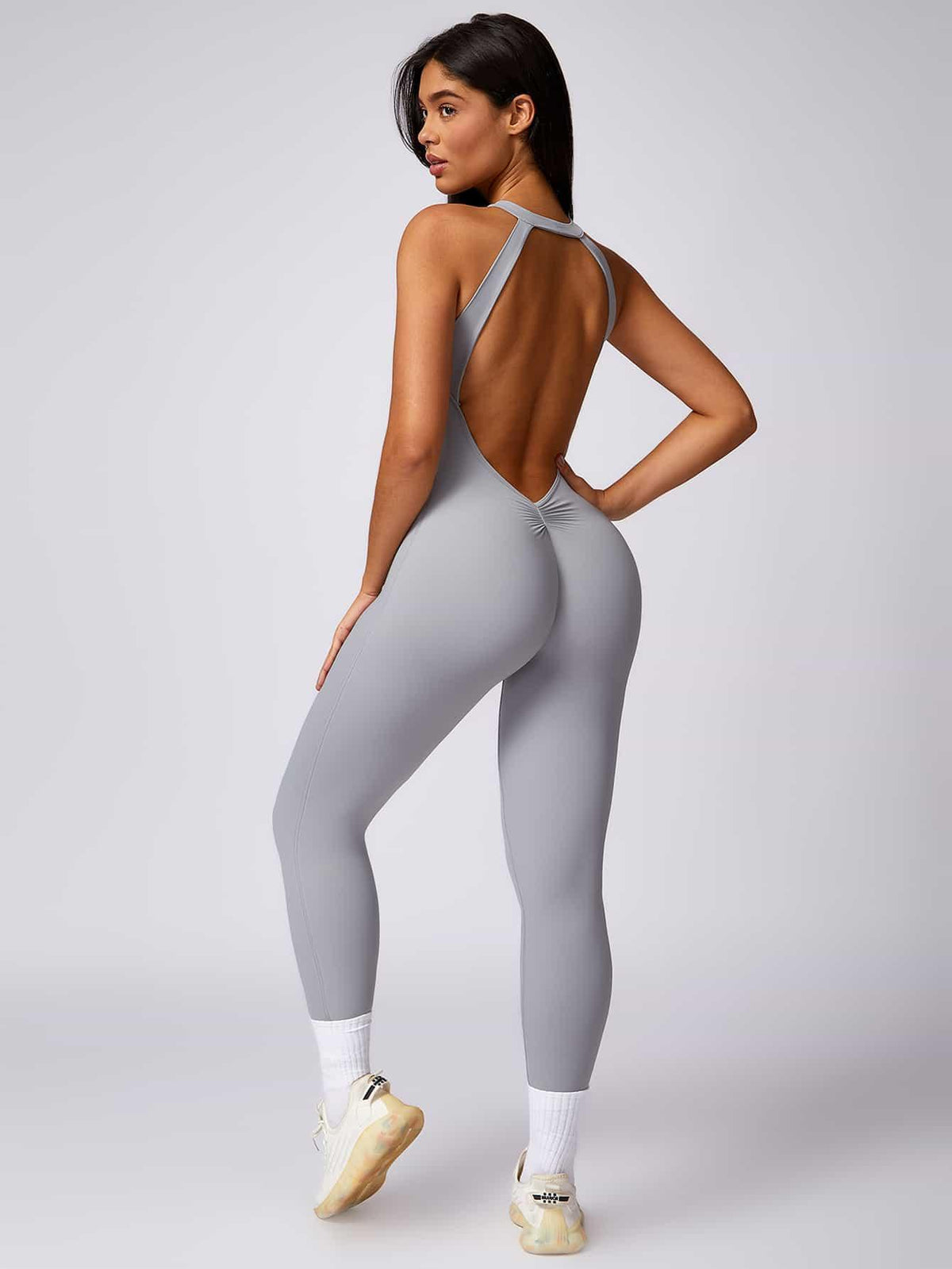 Maskert Curve-Defining Halter Sports Jumpsuit Pants Mist Gray Back