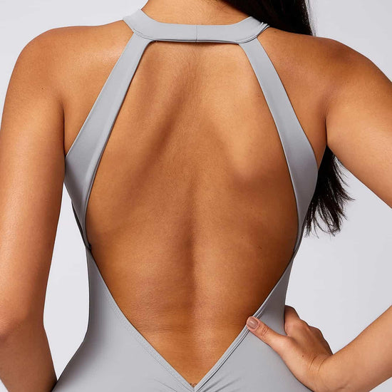 Maskert Curve-Defining Halter Sports Jumpsuit Pants Mist Gray Back Detail