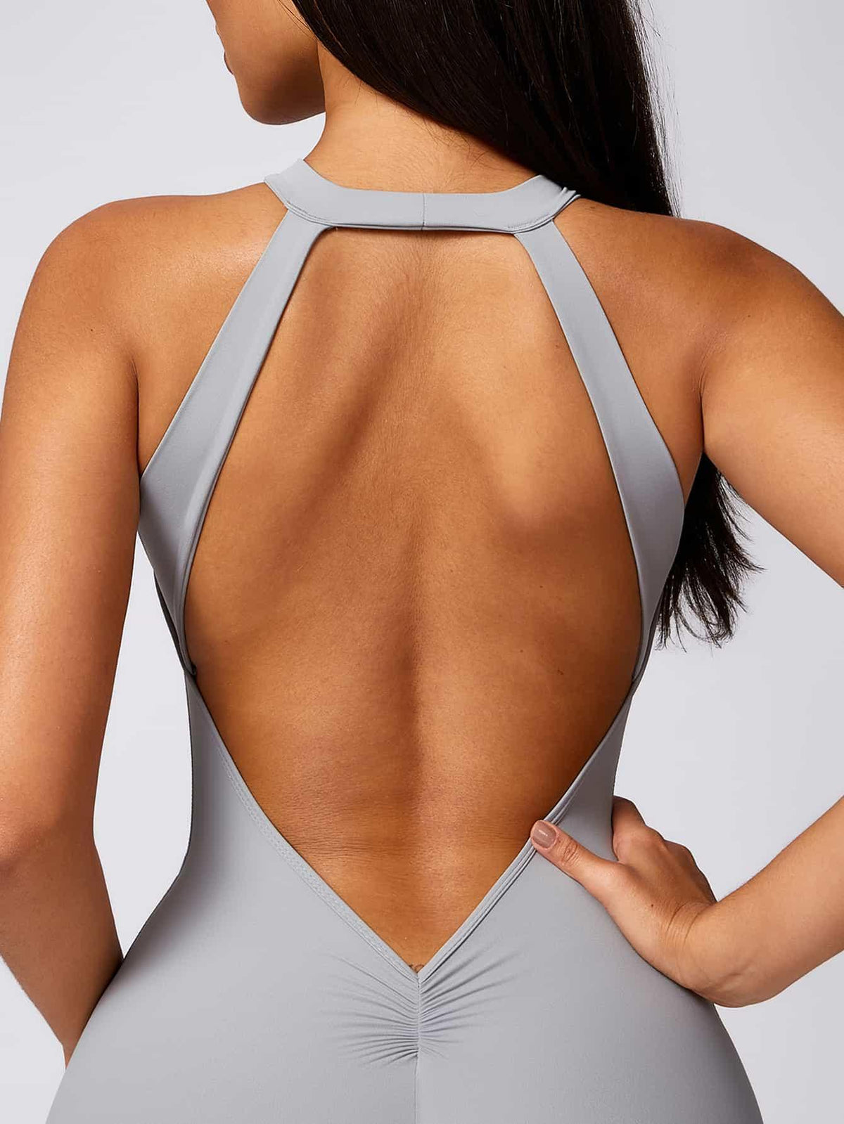 Maskert Curve-Defining Halter Sports Jumpsuit Pants Mist Gray Back Detail
