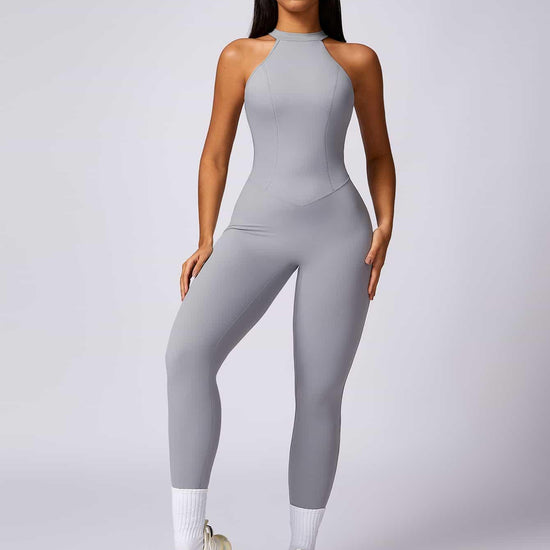 Maskert Curve-Defining Halter Sports Jumpsuit Pants Mist Gray Front