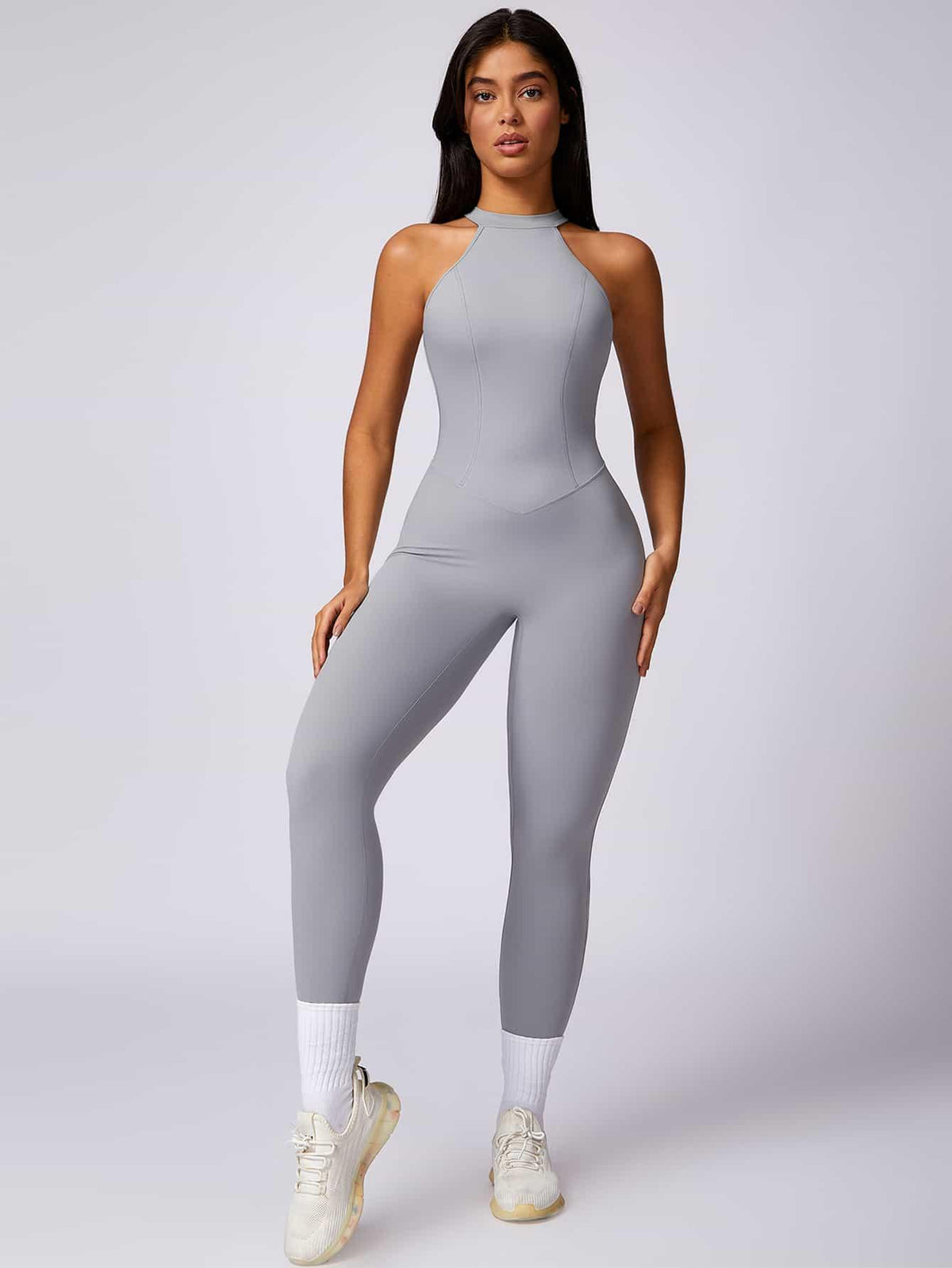 Maskert Curve-Defining Halter Sports Jumpsuit Pants Mist Gray Front