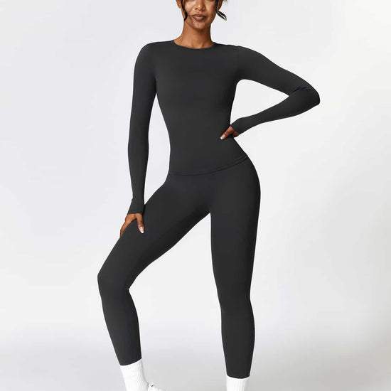 Maskert Move & Flow Solid Long Sleeve Sports Set Black Front Full Body
