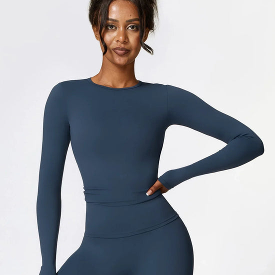 Maskert Move & Flow Solid Long Sleeve Sports Set Navy Blue Front Bottom  Front Top Detail