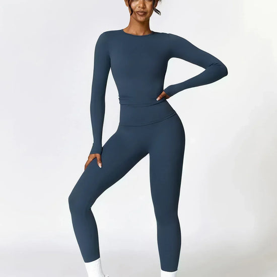 Maskert Move & Flow Solid Long Sleeve Sports Set Navy Blue Front Full Body