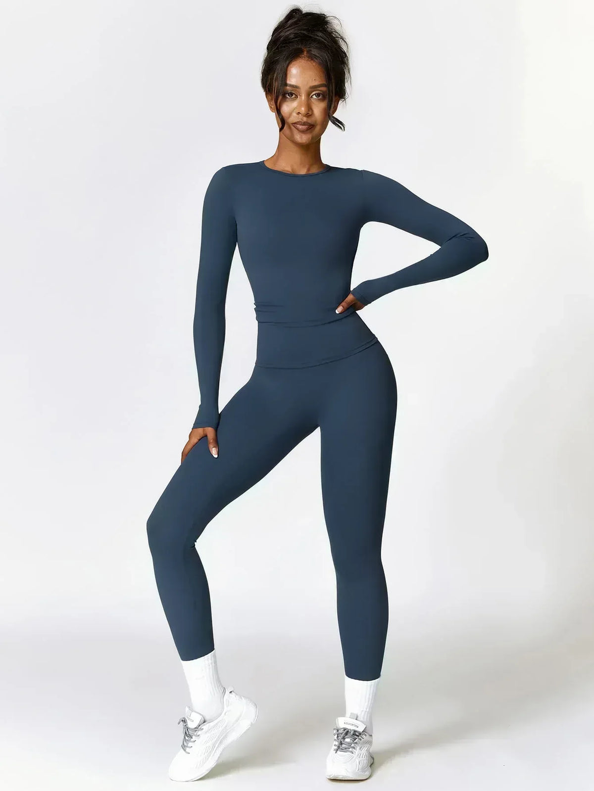 Maskert Move & Flow Solid Long Sleeve Sports Set Navy Blue Front Full Body