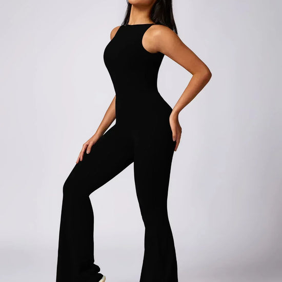 Maskert Sleeveless Butt Lifting Flare Jumpsuit 31'' Black Front Full Body Pose2