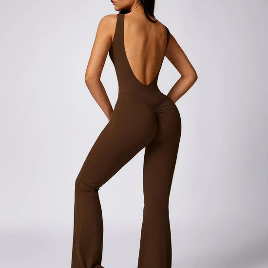Maskert Sleeveless Butt Lifting Flare Jumpsuit 31'' Chocolate Brown Back