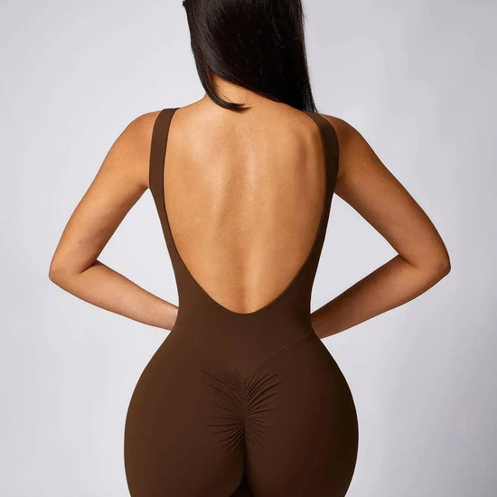 Maskert Sleeveless Butt Lifting Flare Jumpsuit 31'' Chocolate Brown Back Detail
