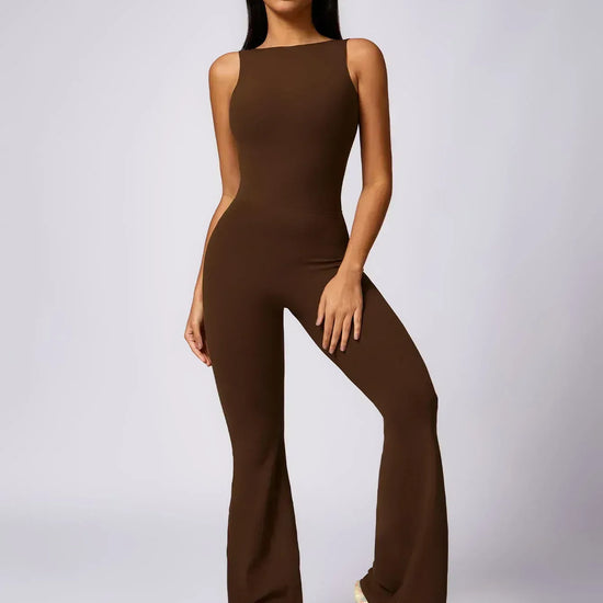 Maskert Sleeveless Butt Lifting Flare Jumpsuit 31'' Chocolate Brown Front