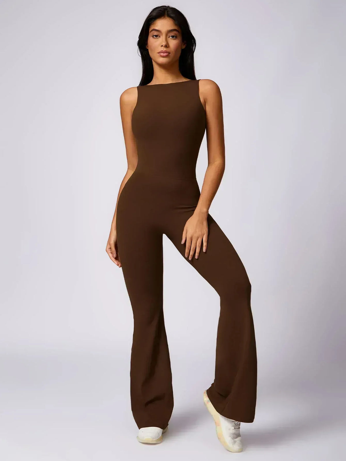 Maskert Sleeveless Butt Lifting Flare Jumpsuit 31'' Chocolate Brown Front
