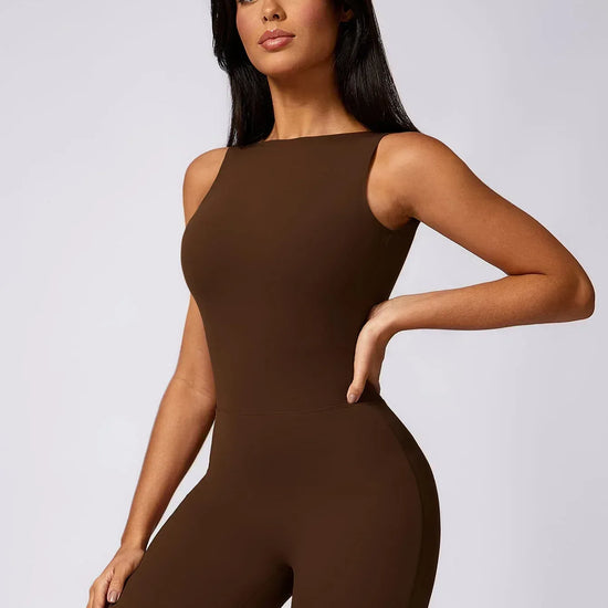 Maskert Sleeveless Butt Lifting Flare Jumpsuit 31'' Chocolate Brown Front Side