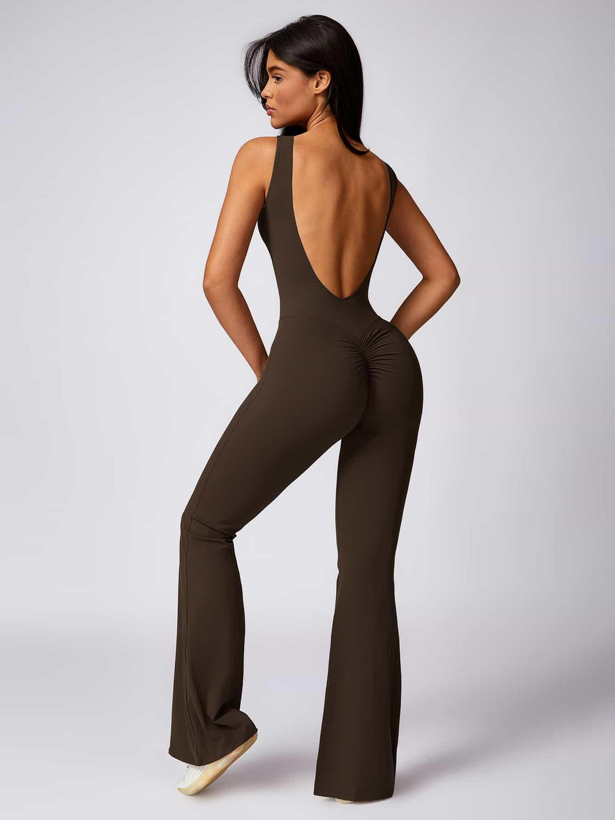 Maskert Sleeveless Butt Lifting Flare Jumpsuit 31'' Coffee Brown Back