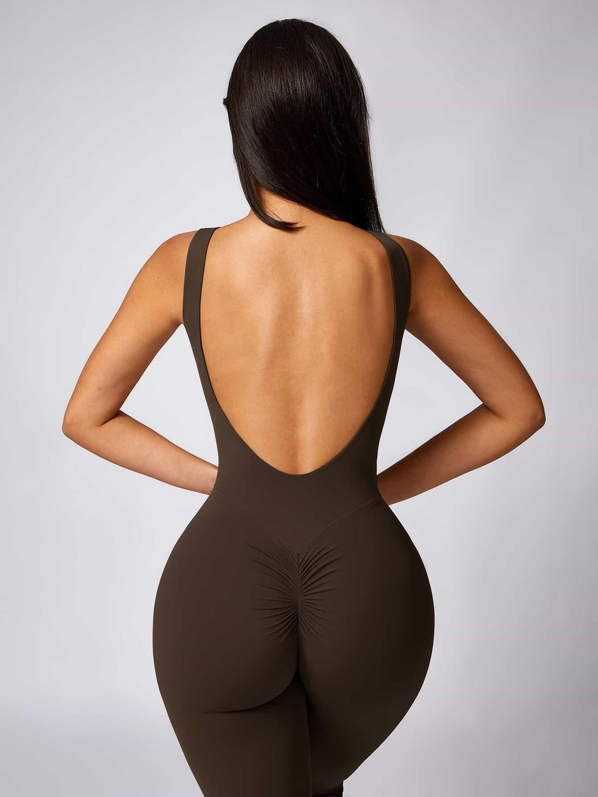 Maskert Sleeveless Butt Lifting Flare Jumpsuit 31'' Coffee Brown Back Detail