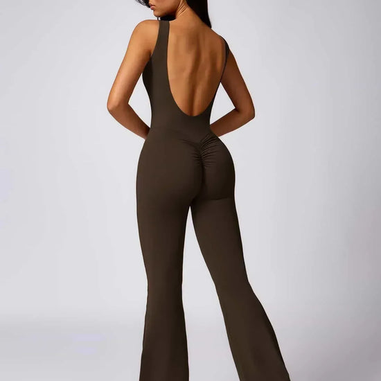 Maskert Sleeveless Butt Lifting Flare Jumpsuit 31'' Coffee Brown Back Full Body Pose2