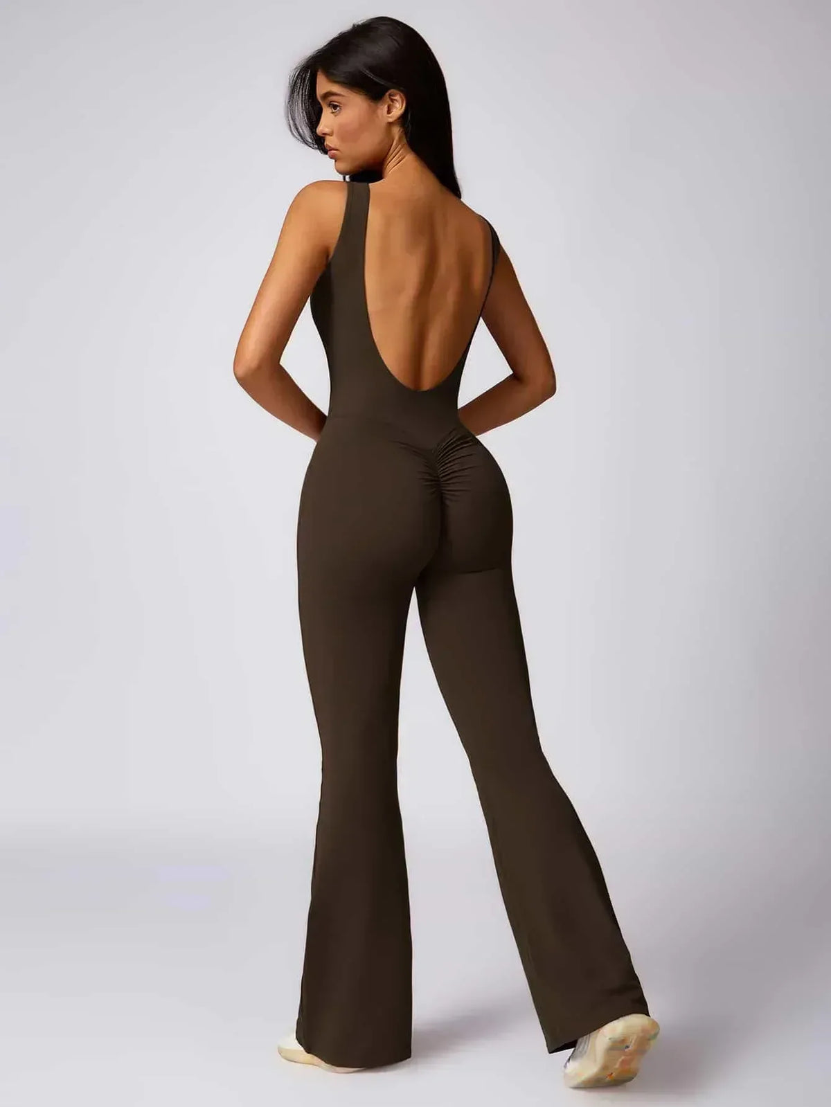 Maskert Sleeveless Butt Lifting Flare Jumpsuit 31'' Coffee Brown Back Full Body Pose2