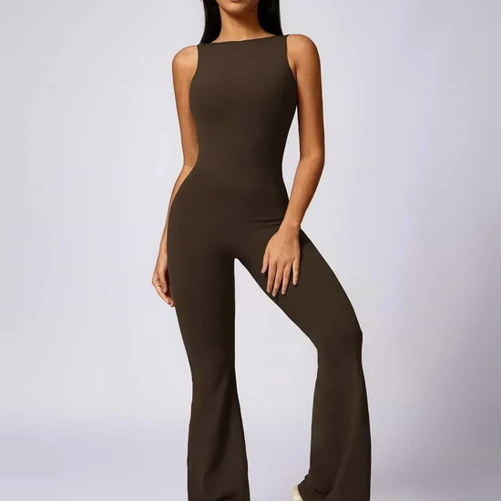 Maskert Sleeveless Butt Lifting Flare Jumpsuit 31'' Coffee Brown Front