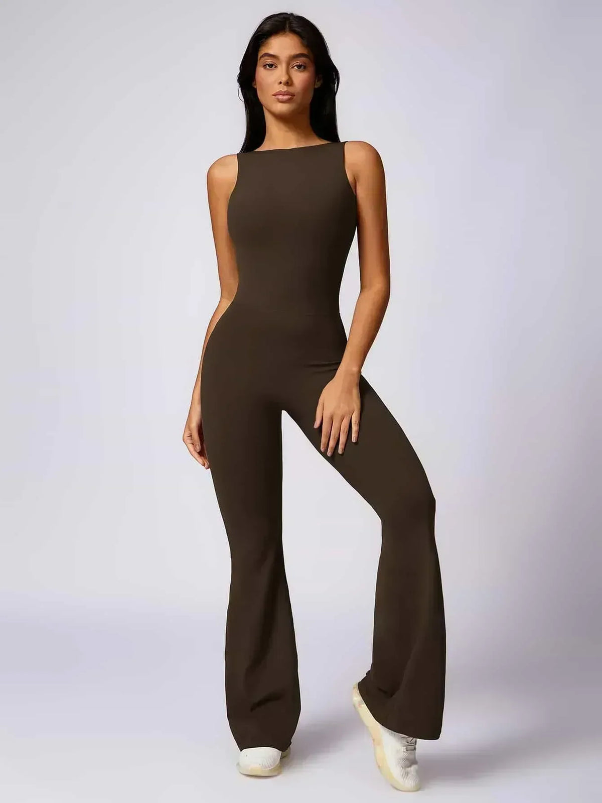 Maskert Sleeveless Butt Lifting Flare Jumpsuit 31'' Coffee Brown Front