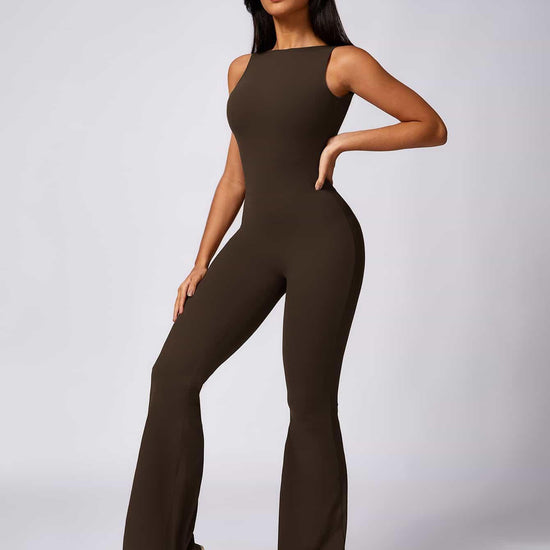 Maskert Sleeveless Butt Lifting Flare Jumpsuit 31'' Coffee Brown Front Full Body Pose2