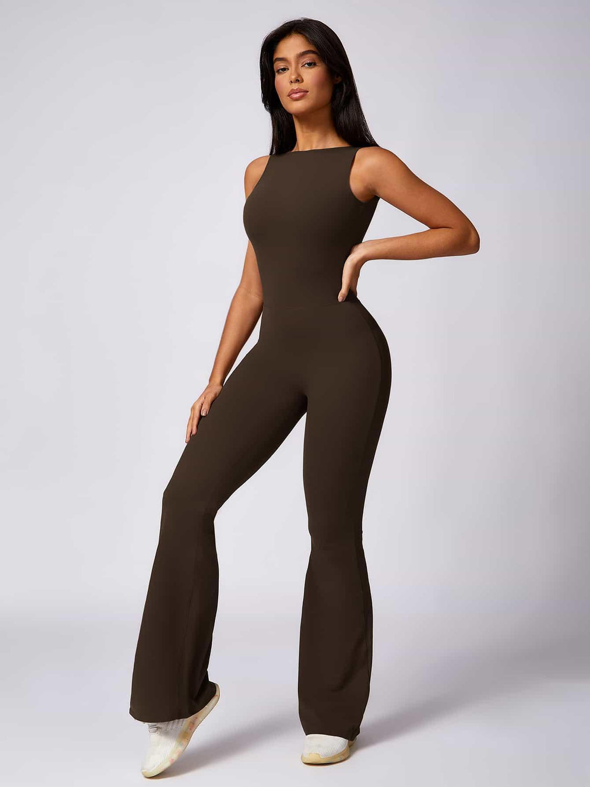 Maskert Sleeveless Butt Lifting Flare Jumpsuit 31'' Coffee Brown Front Full Body Pose2